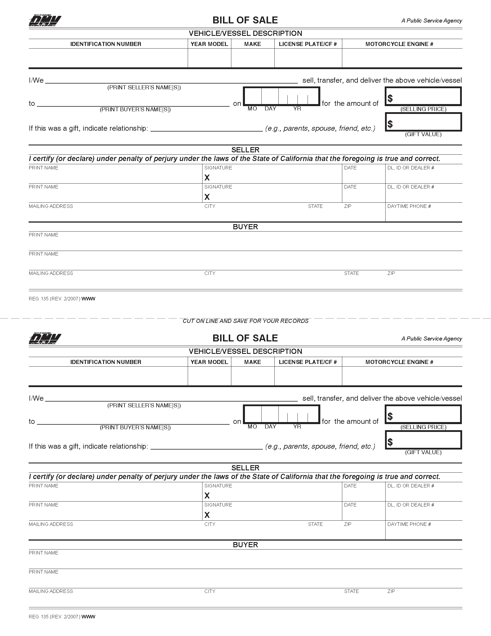 Free California Motor Vehicle Bill of Sale Form PDF