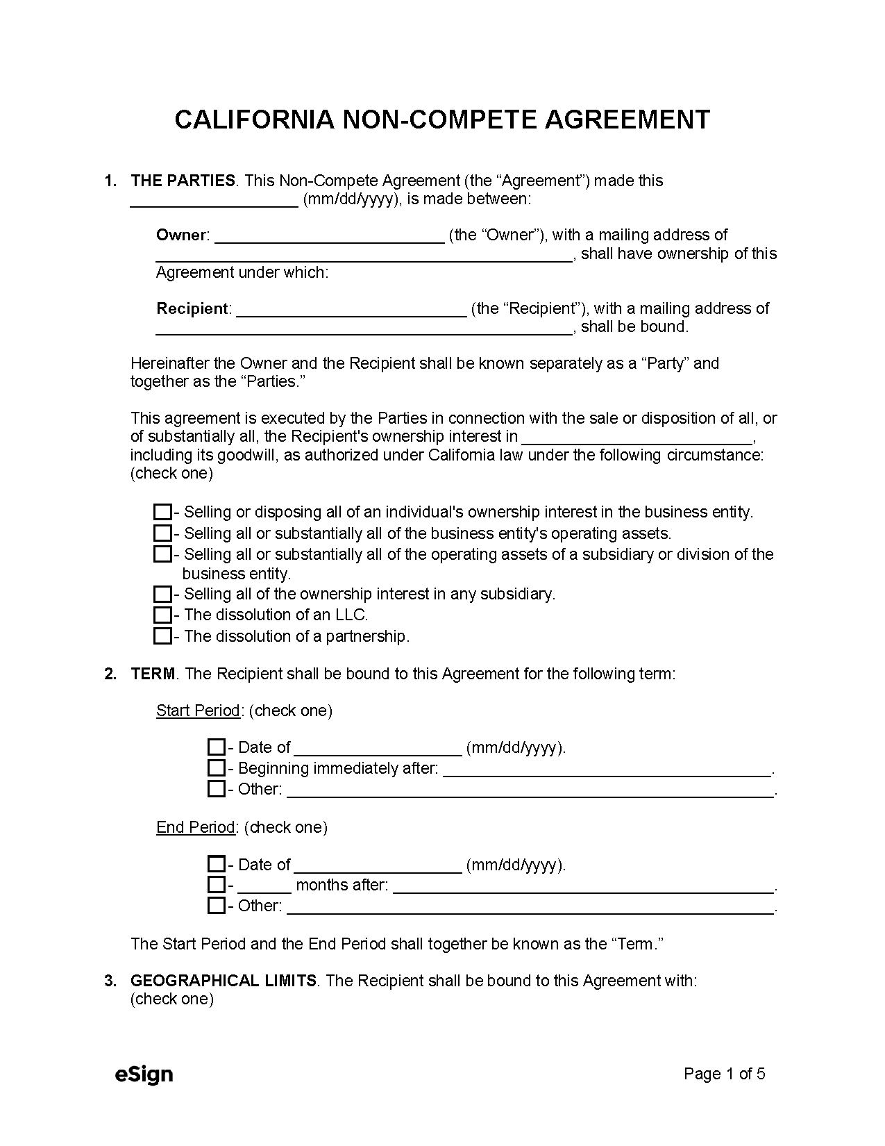 Free California Non Compete Agreement Template PDF Word