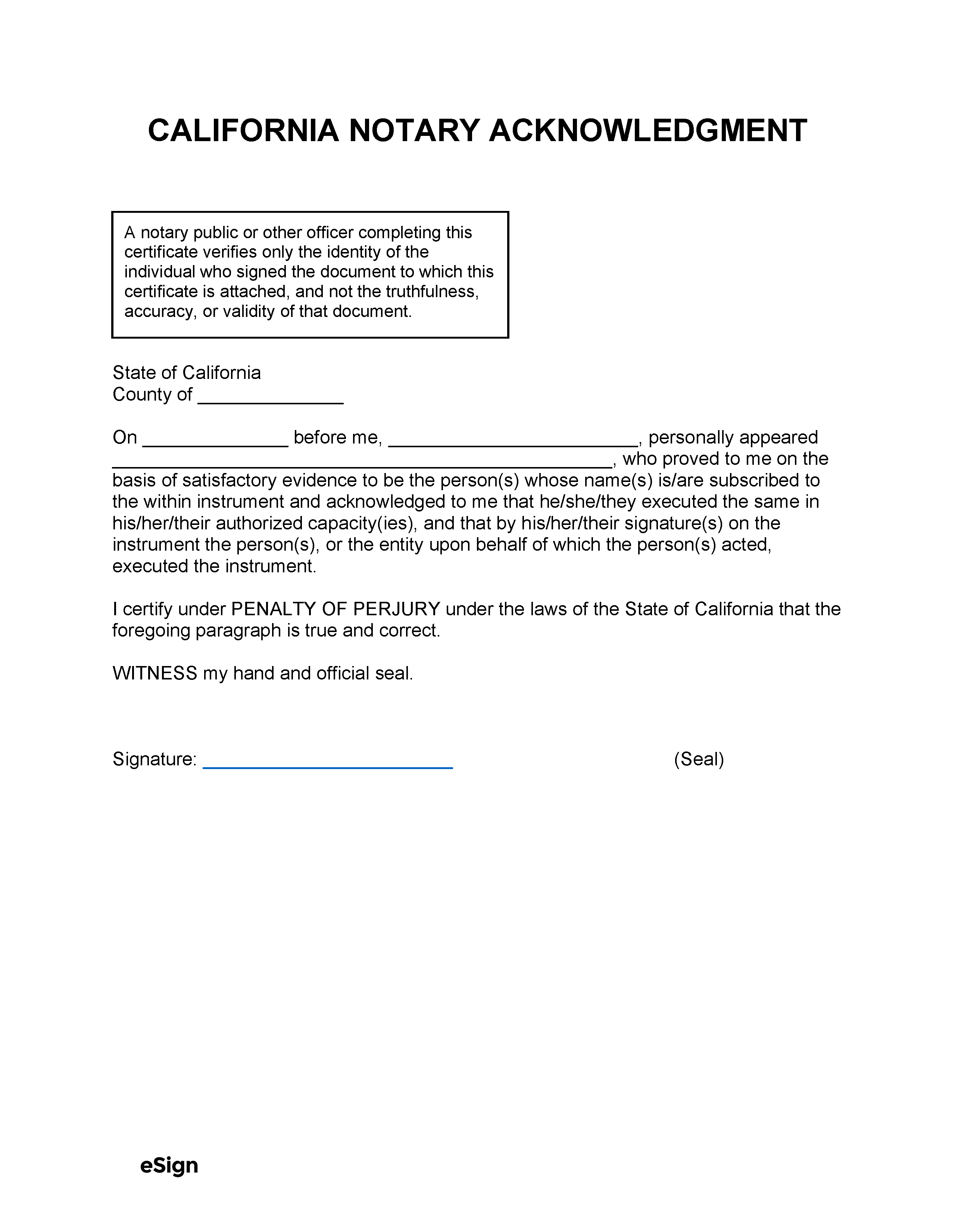 Free Hawaii Notary Acknowledgment Form - PDF