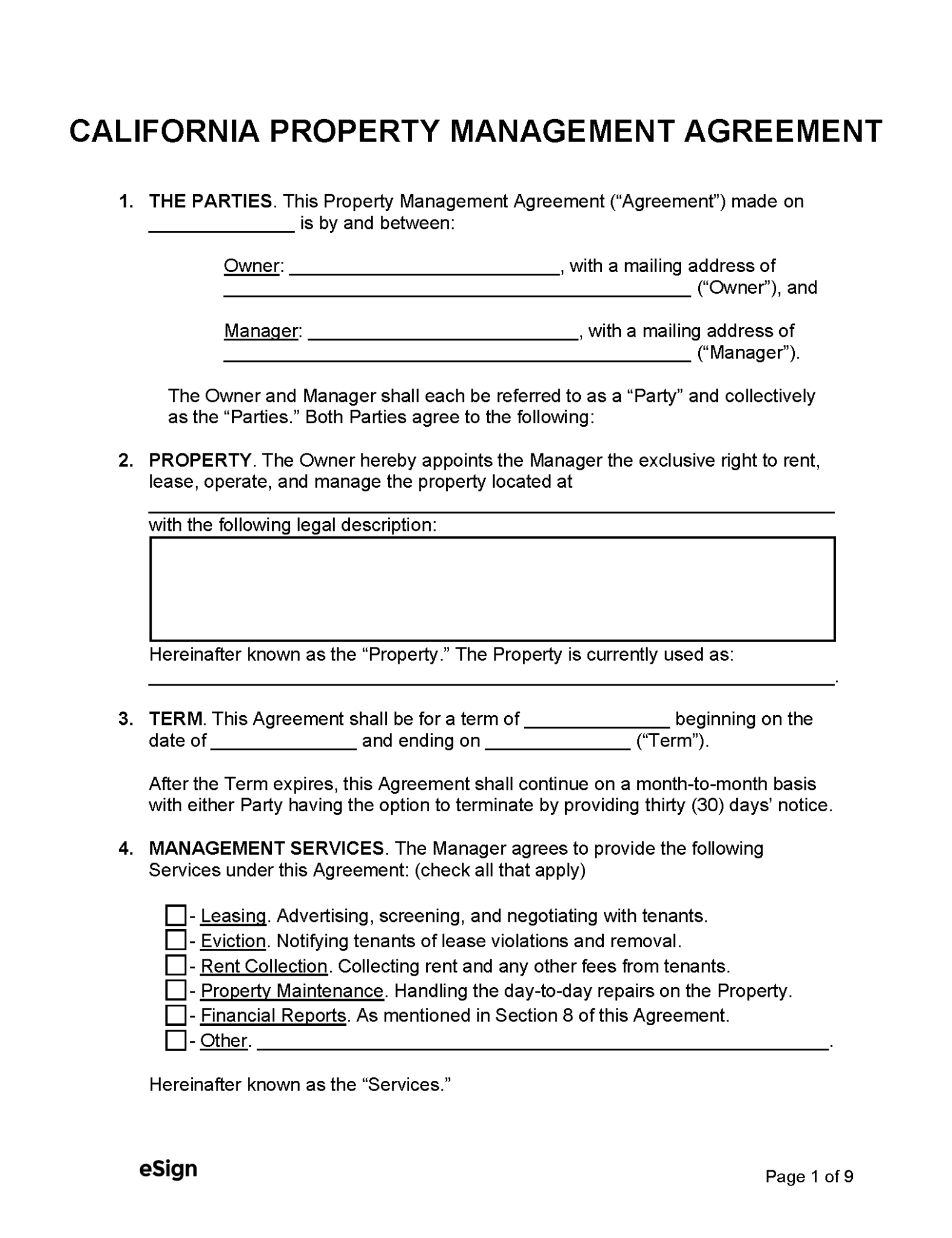 Free California Property Management Agreement PDF Word