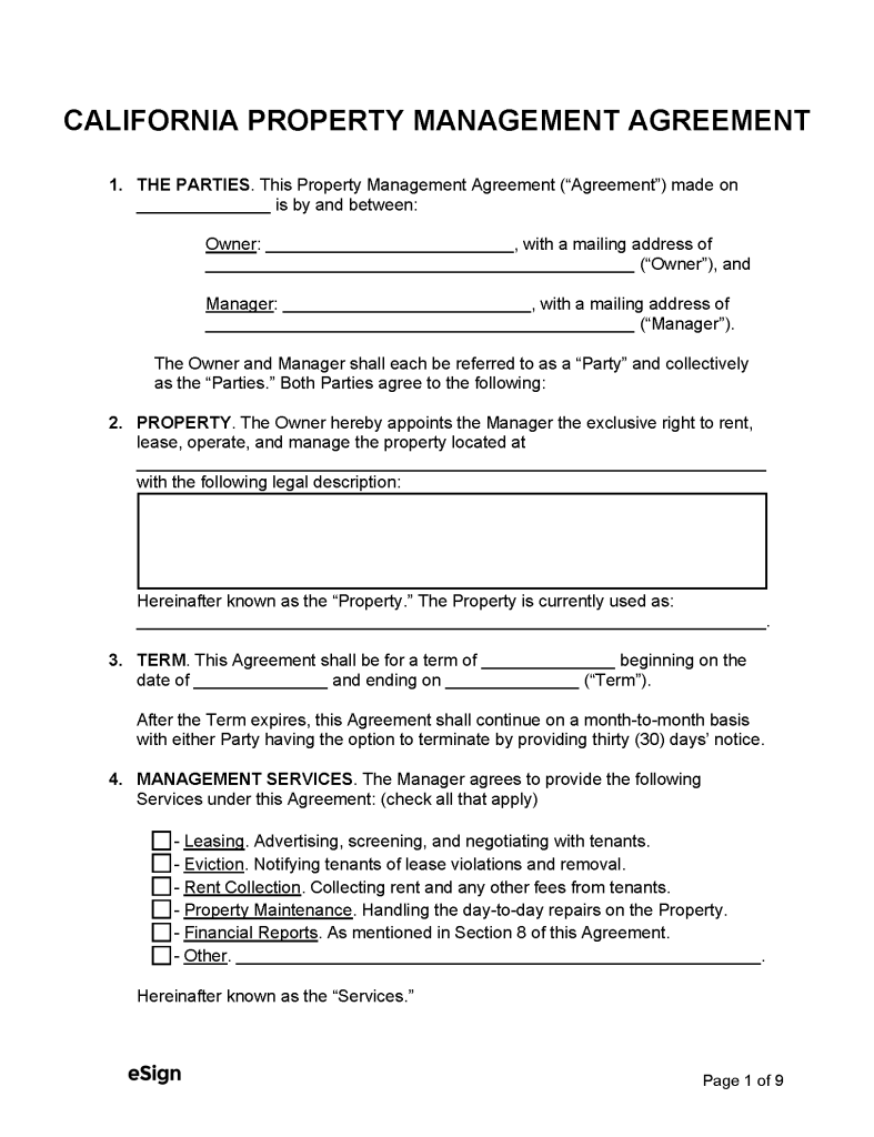 Free California Property Management Agreement PDF Word