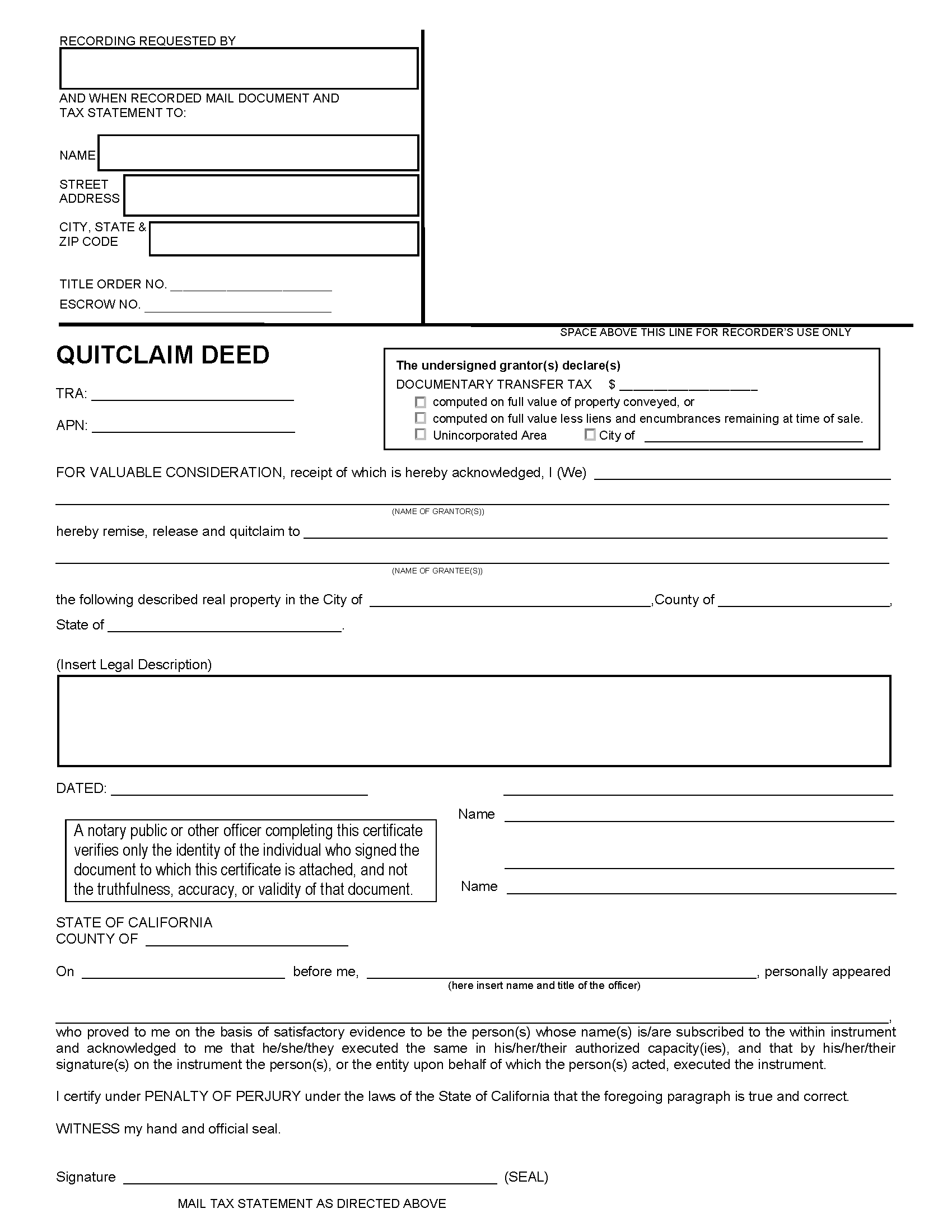 Fillable California Quitclaim Deed Form Printable Pdf 0192