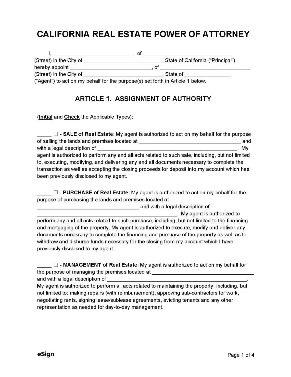 Free California Real Estate Power of Attorney Form PDF Word