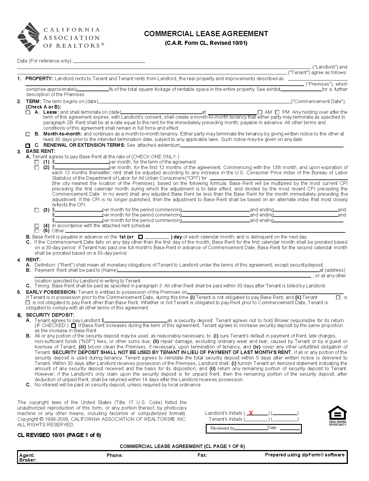 Fillable Comercial Lease Agreement Form Car Form Cl Printable Forms   California Realtor Commercial Lease Agreement 