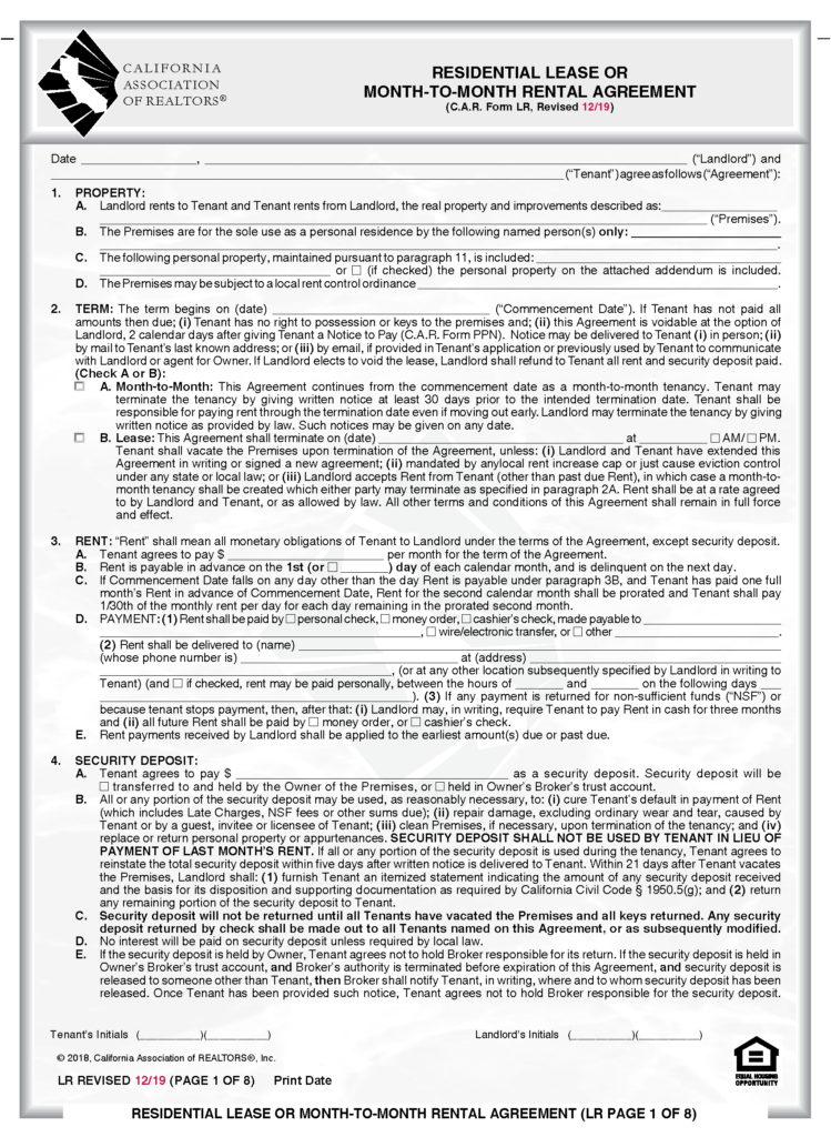 Free California Standard Residential Lease Agreement PDF