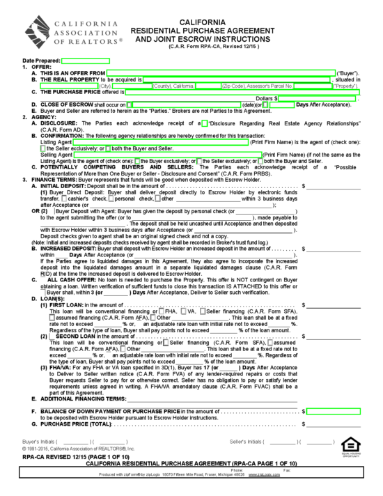 Free California Residential Purchase And Sale Agreement PDF Word