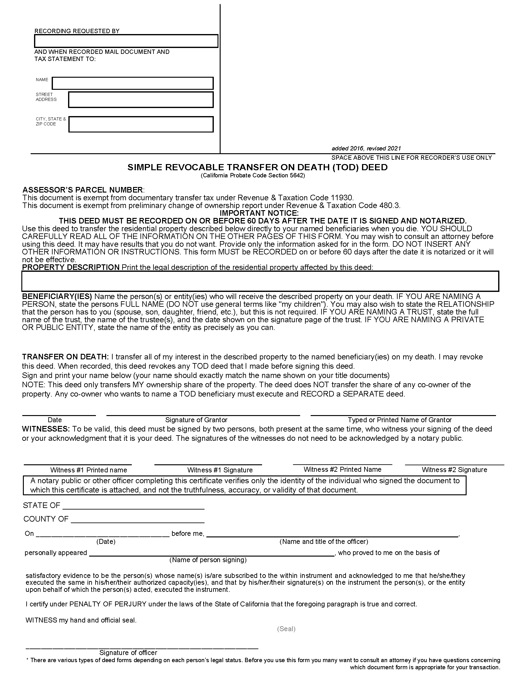 Free California Revocable Transfer On Death Deed Form Pdf 7630