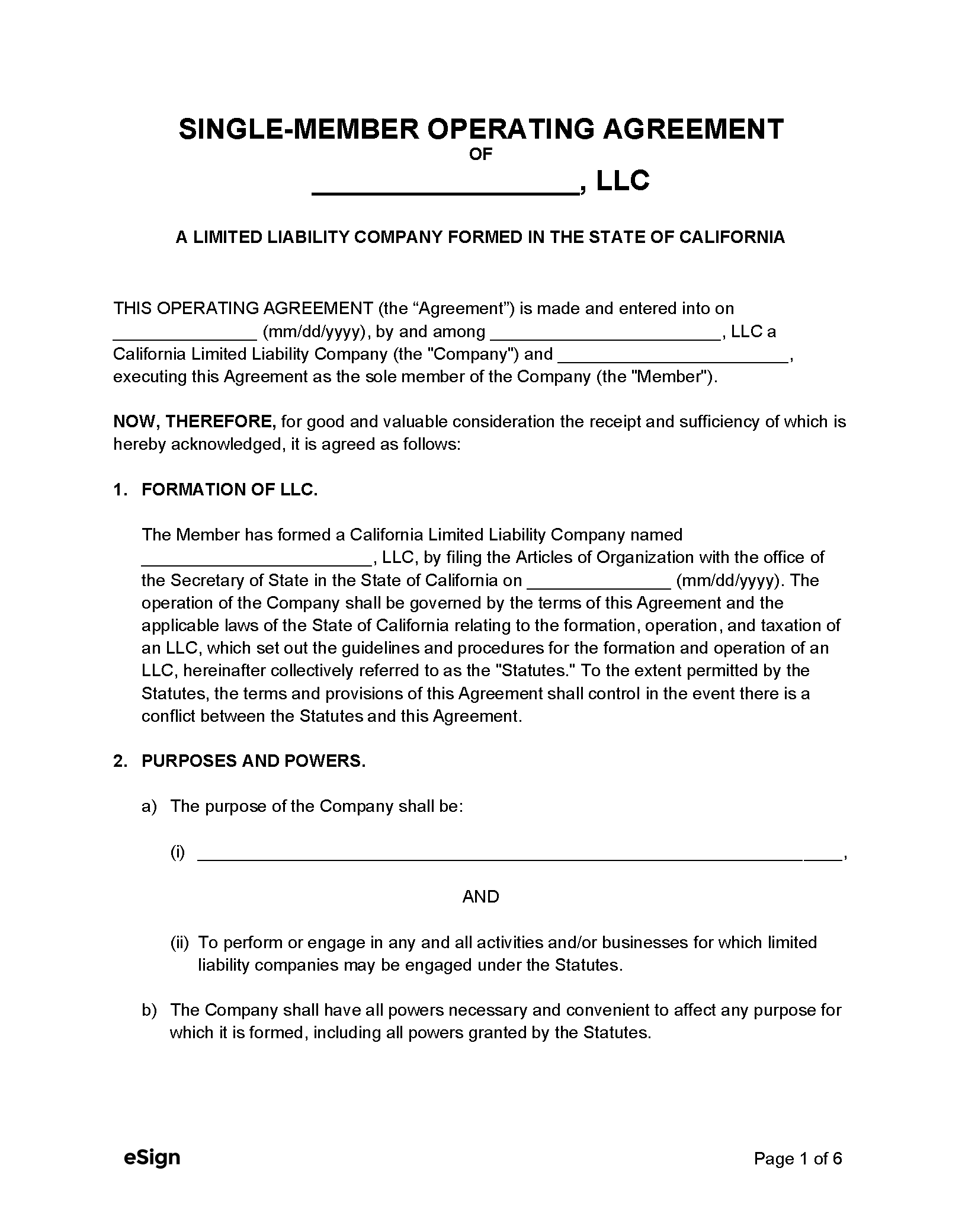 Free California Single Member LLC Operating Agreement Form PDF Word