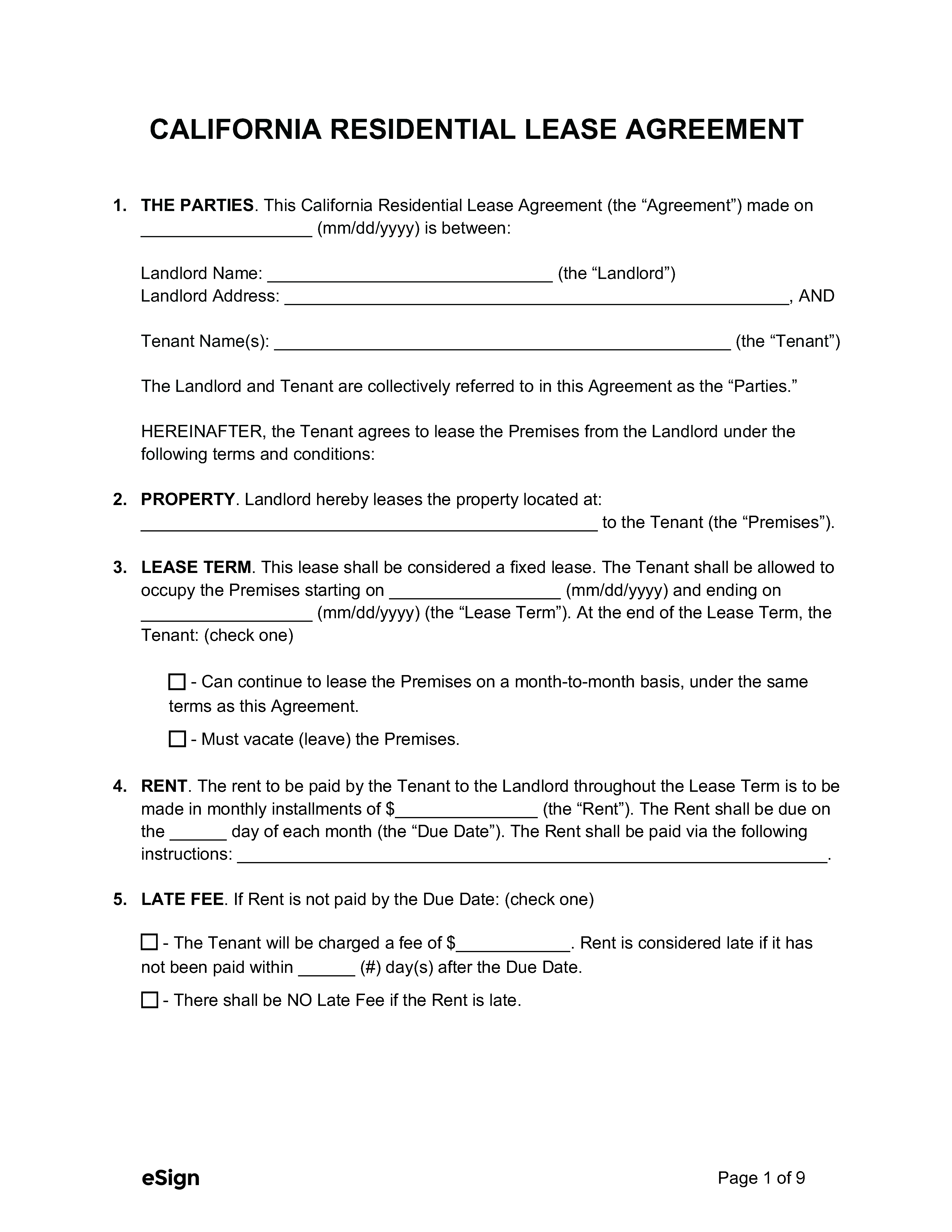 California Rental Agreement Free Printable