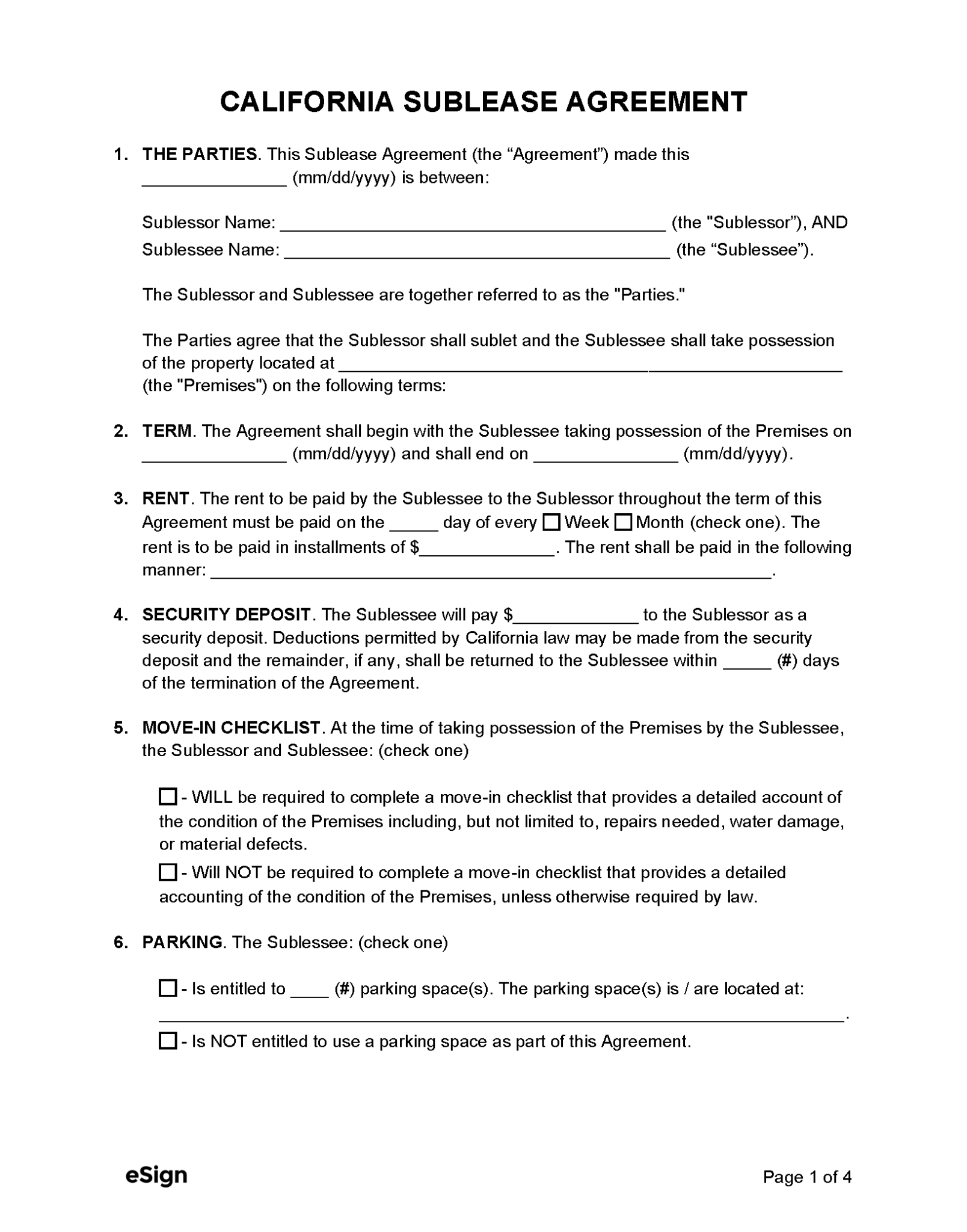 Free California Sublease Agreement Template PDF Word