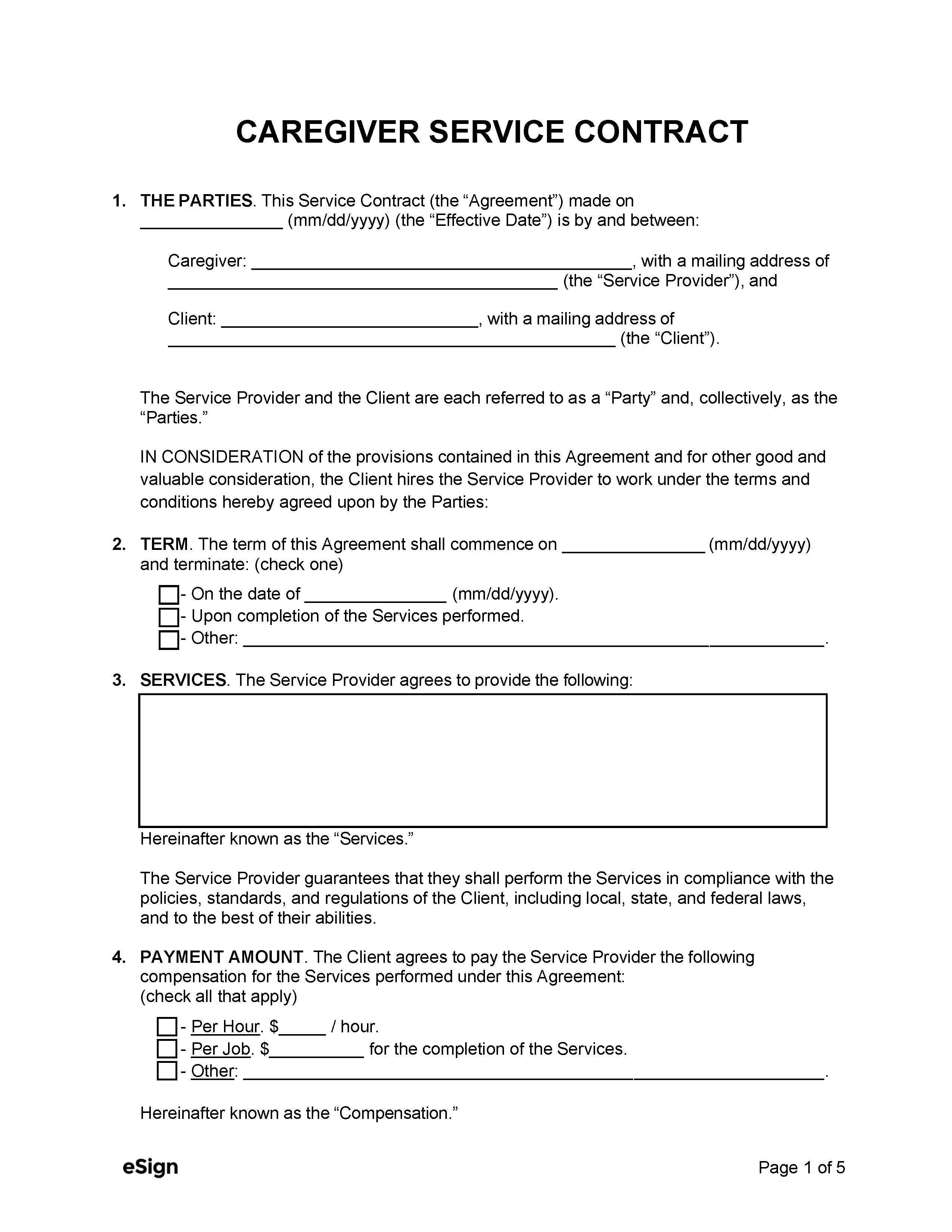 Free Caregiver Contract Template PDF Word