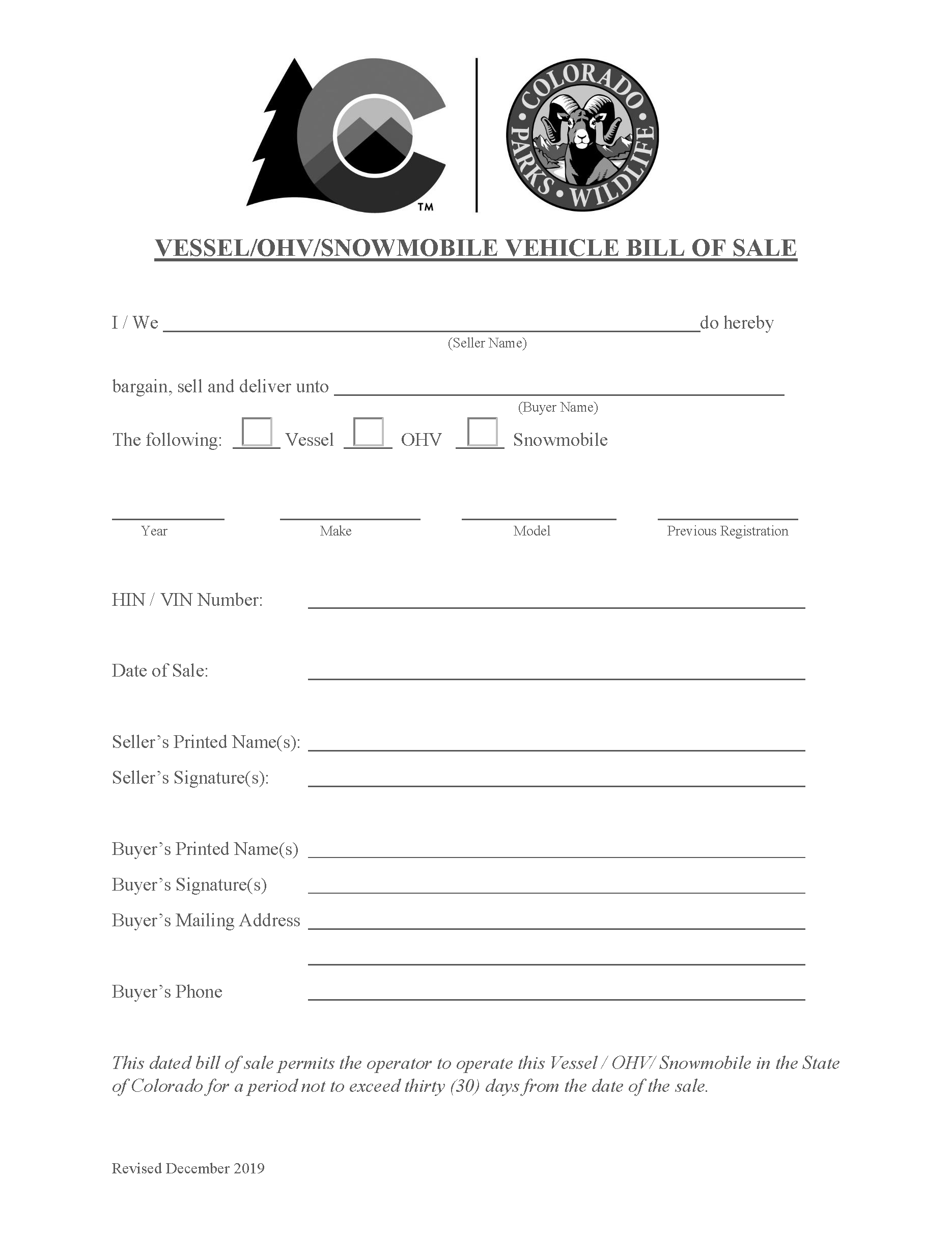 Free Colorado Boat Bill Of Sale Form PDF
