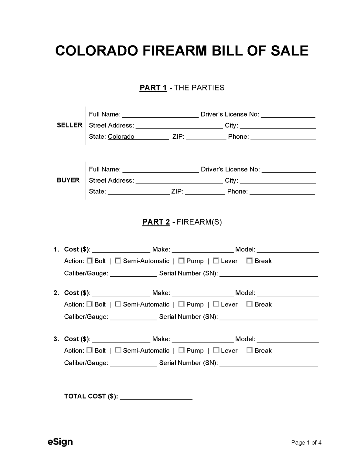 Free Colorado Firearm Bill of Sale Form | PDF | Word