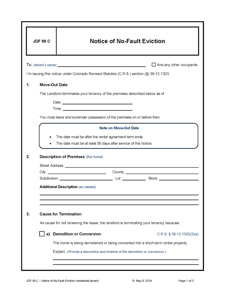 Free Colorado Notice of No-Fault Eviction (Form JDF 99 C) | PDF