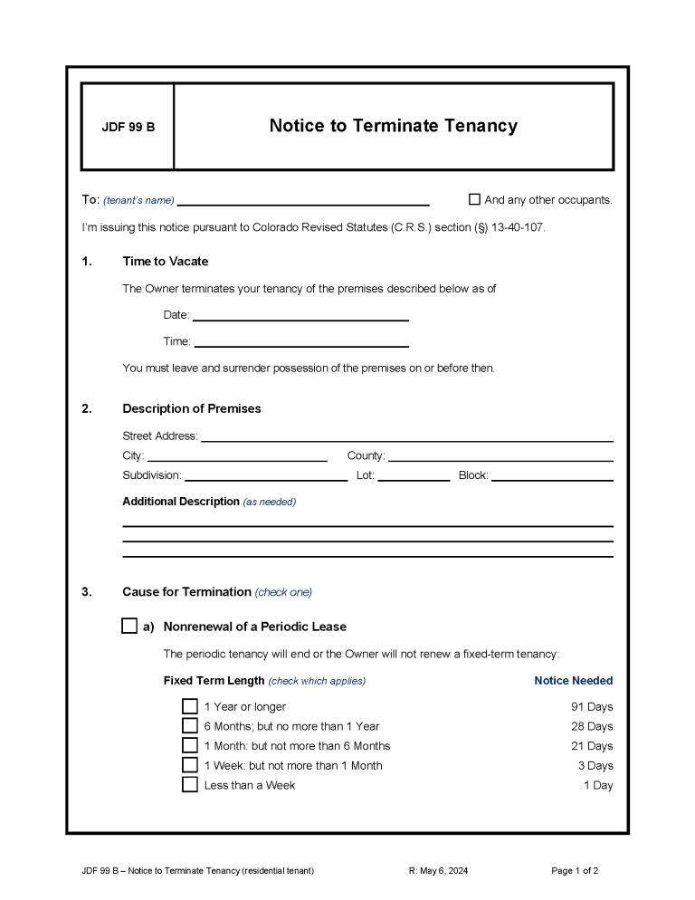 Free Colorado Notice to Terminate Tenancy (Form JDF 99 B) PDF