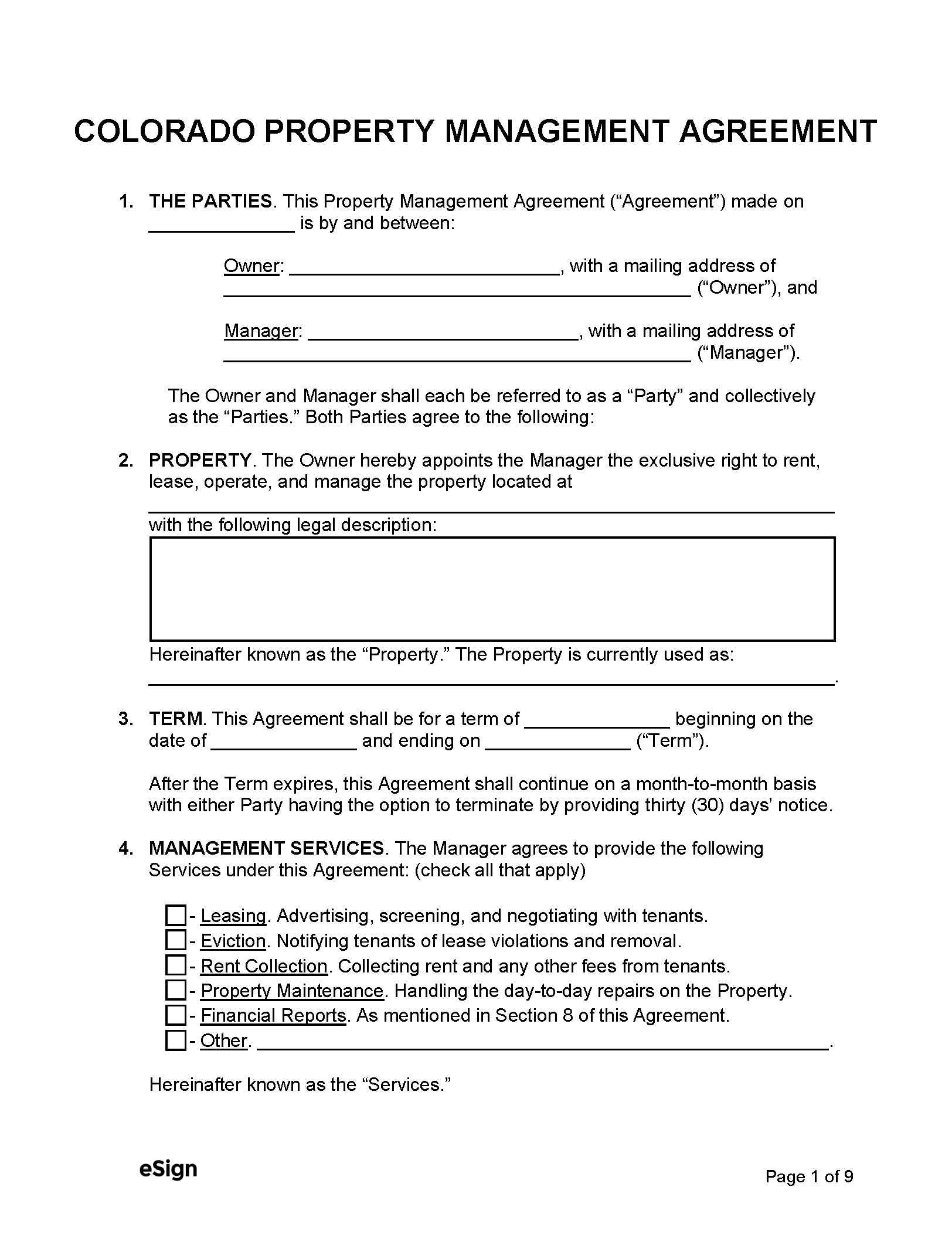 Free Colorado Property Management Agreement PDF Word