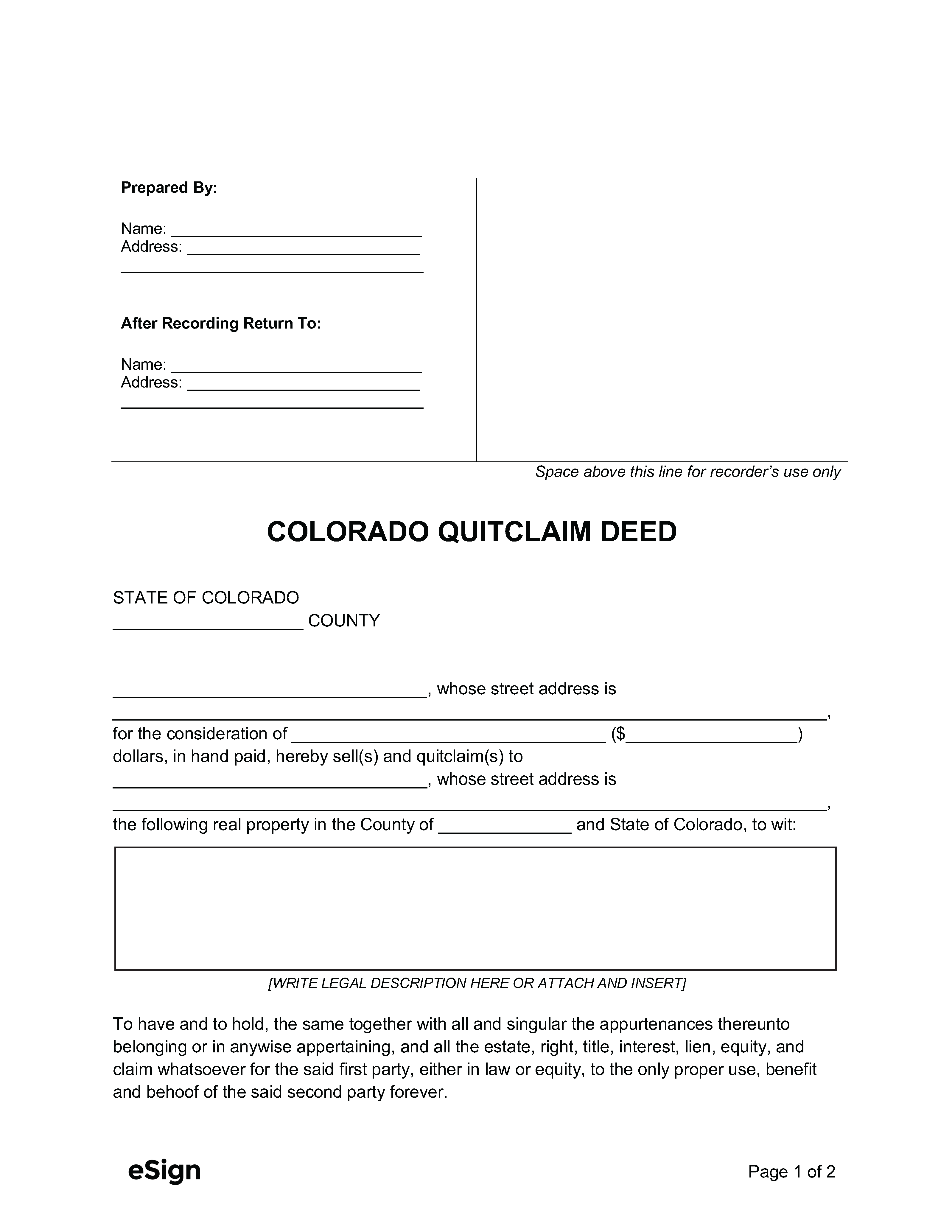 Free Colorado Quit Claim Deed Form PDF Word