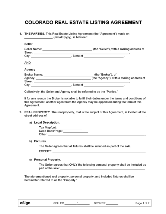 Free Colorado Real Estate Listing Agreement PDF Word