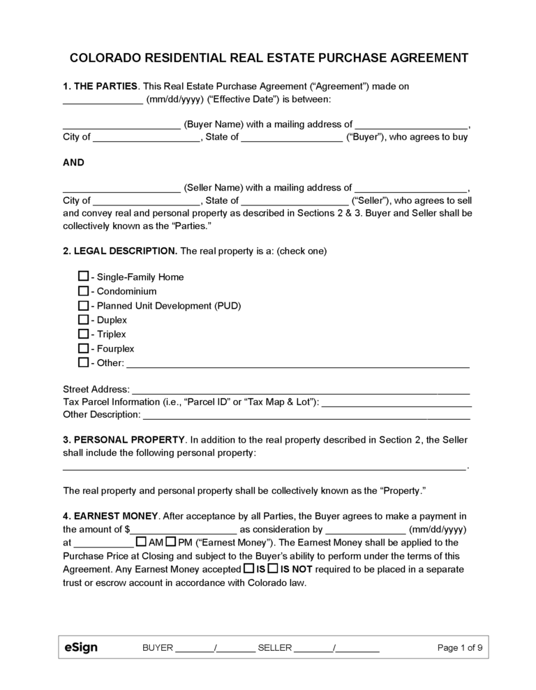 Free Colorado Residential Purchase and Sale Agreement PDF Word