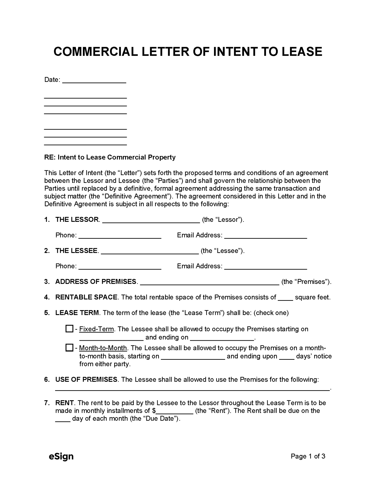 Free Commercial Letter of Intent to Lease | PDF | Word