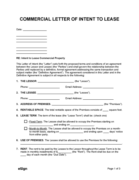 Commercial Letter Of Intent To Lease Commercial Lease Agreement 