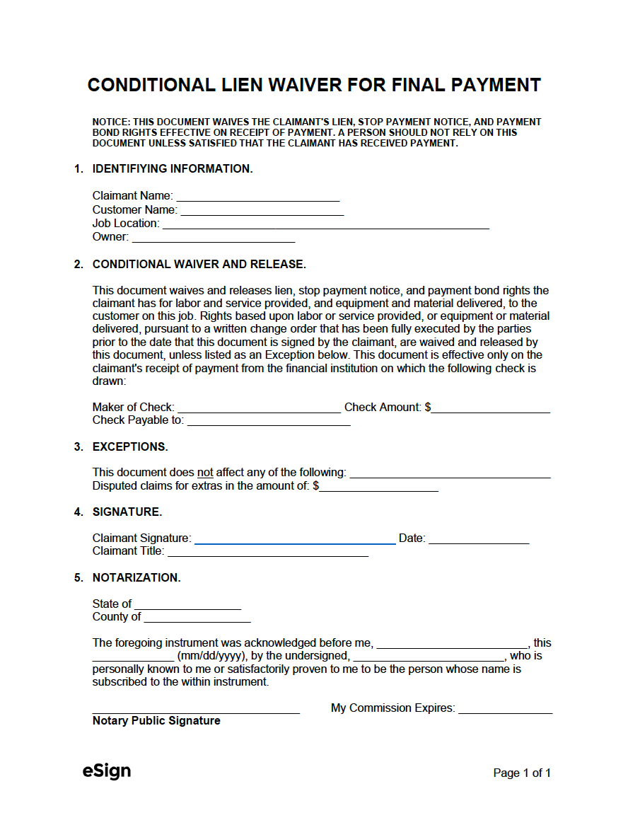 2023 Standard Lien Waiver Form Fillable Printable Pdf And Forms ...