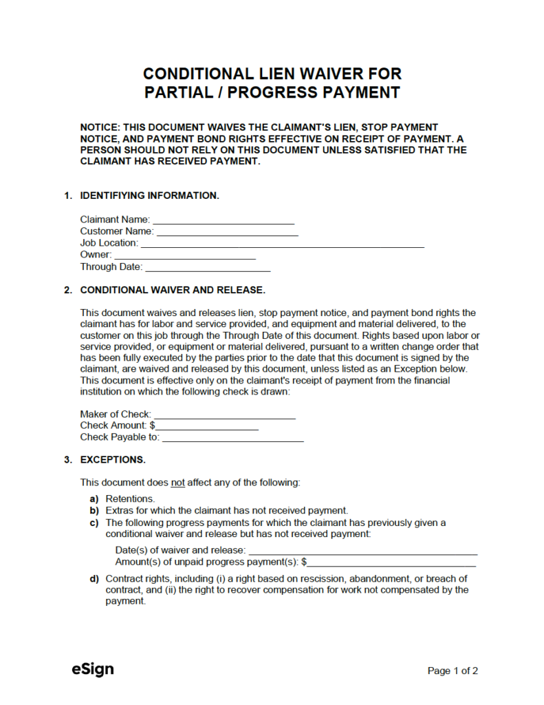 Free Conditional Lien Waiver for Partial Payment PDF Word