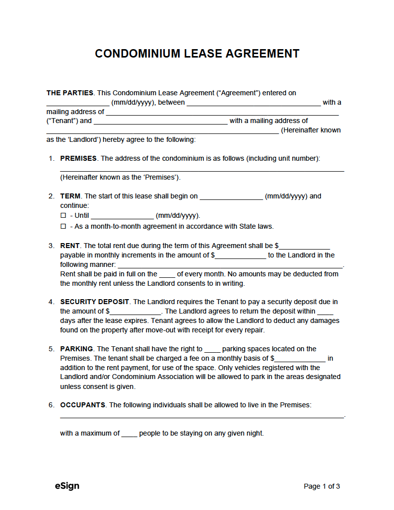Free Condo Rental Agreement Template Printable Form, Templates and Letter