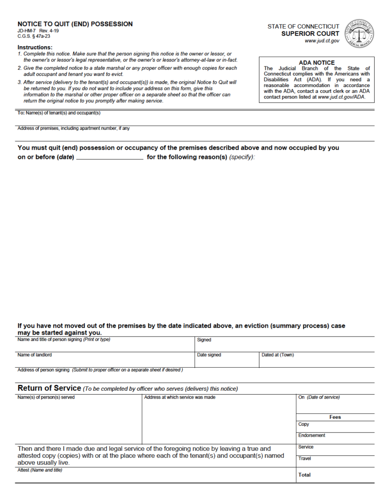 Free Connecticut 3-Day Notice to Quit (Form JD-HM-7) | PDF