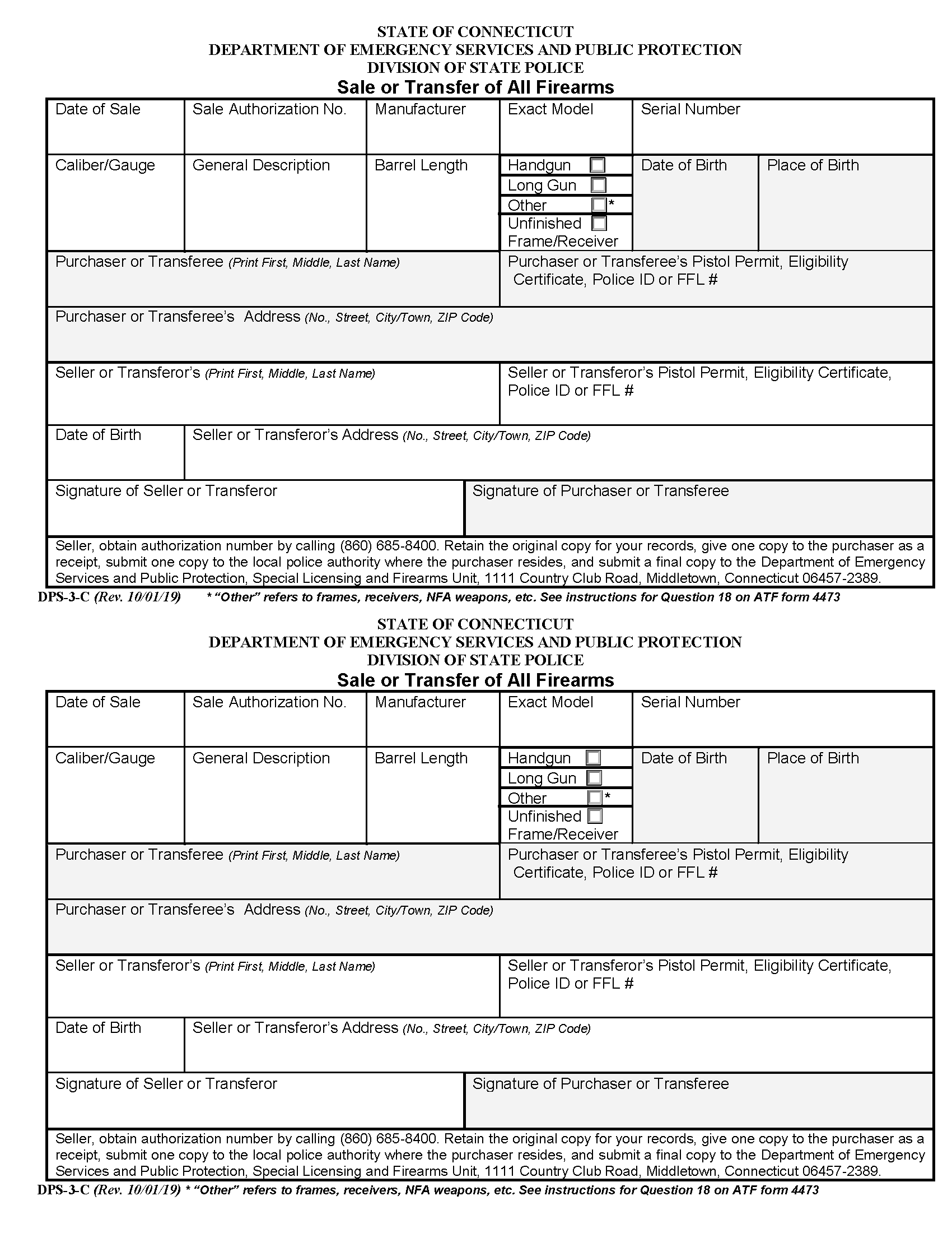 Free Connecticut Firearm Bill of Sale Form PDF