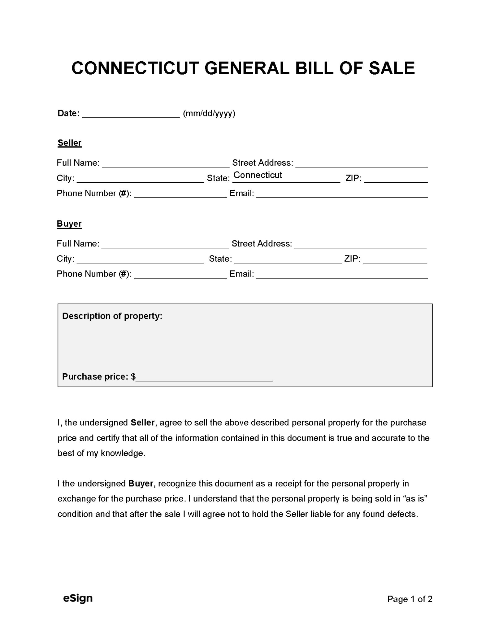 Free Connecticut Bill Of Sale Forms Pdf 4348