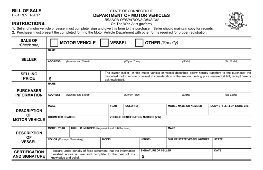 Free Connecticut Motor Vehicle Bill of Sale Form PDF Word