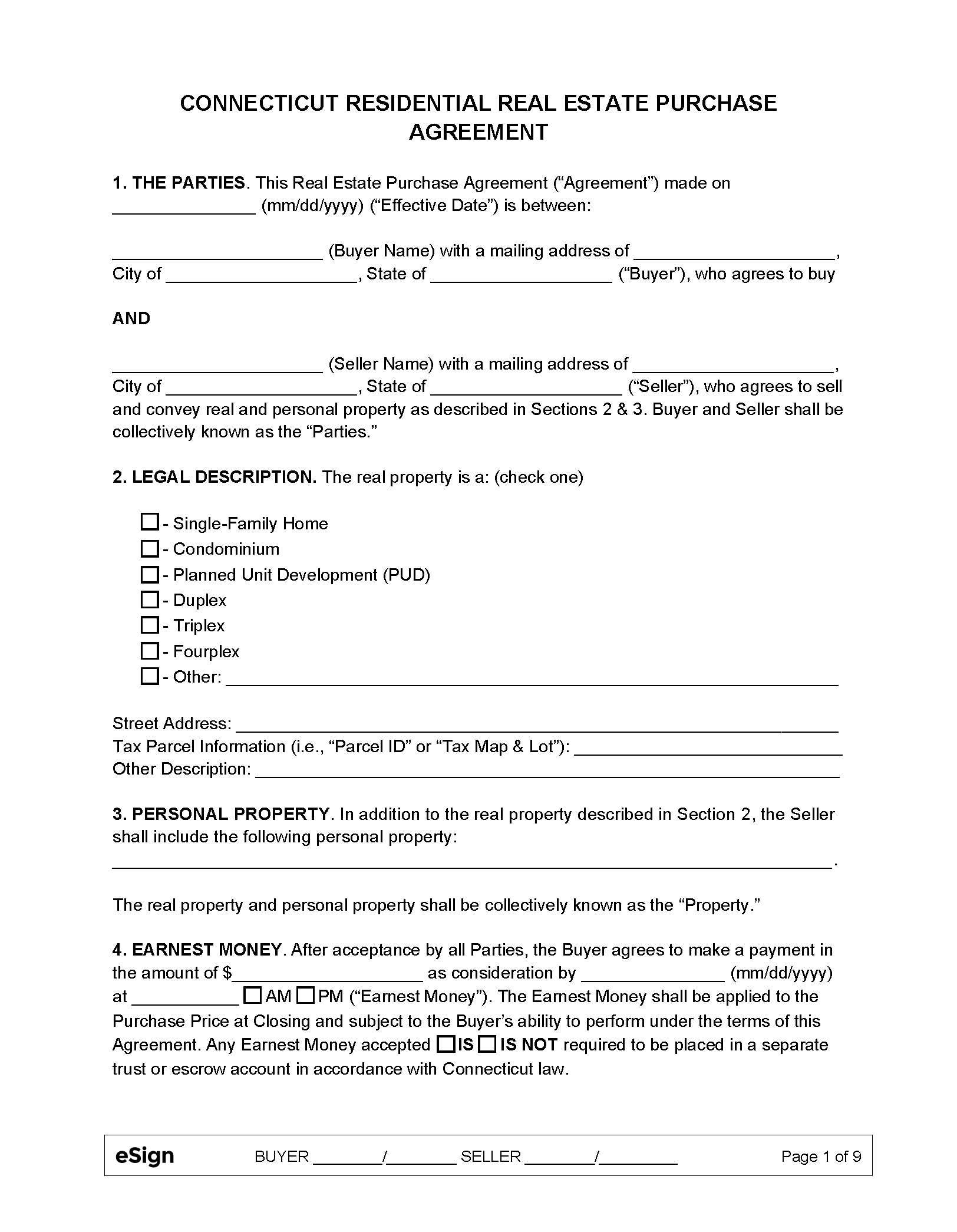 Free Connecticut Residential Purchase And Sale Agreement PDF Word