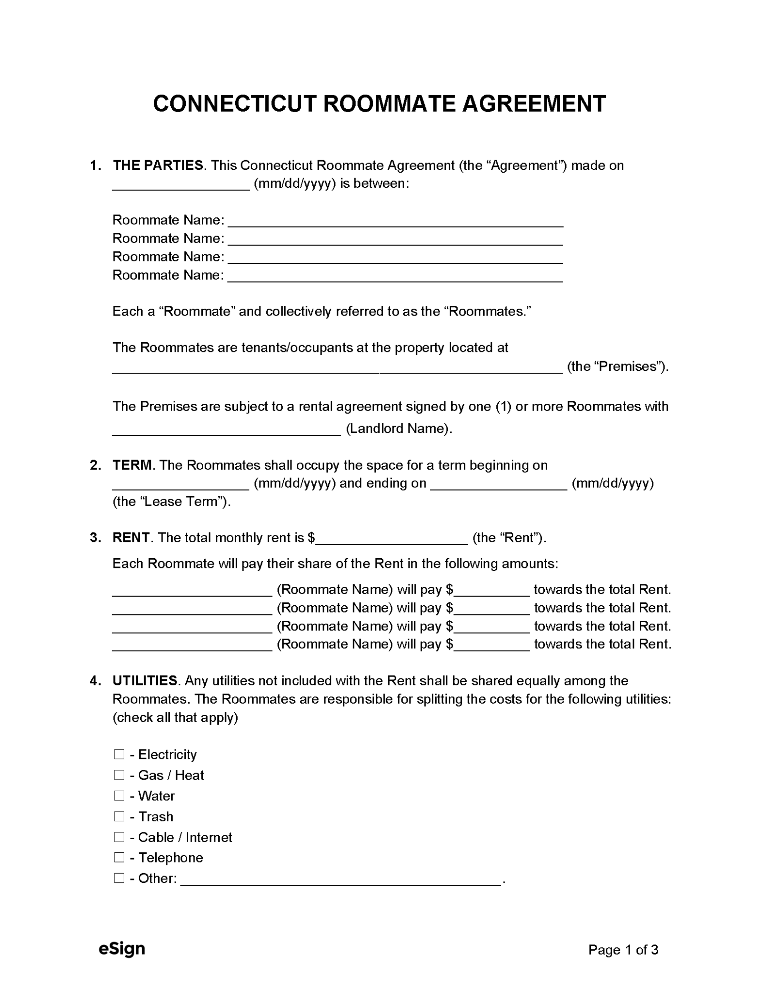 Free Connecticut Roommate Agreement Template | PDF | Word