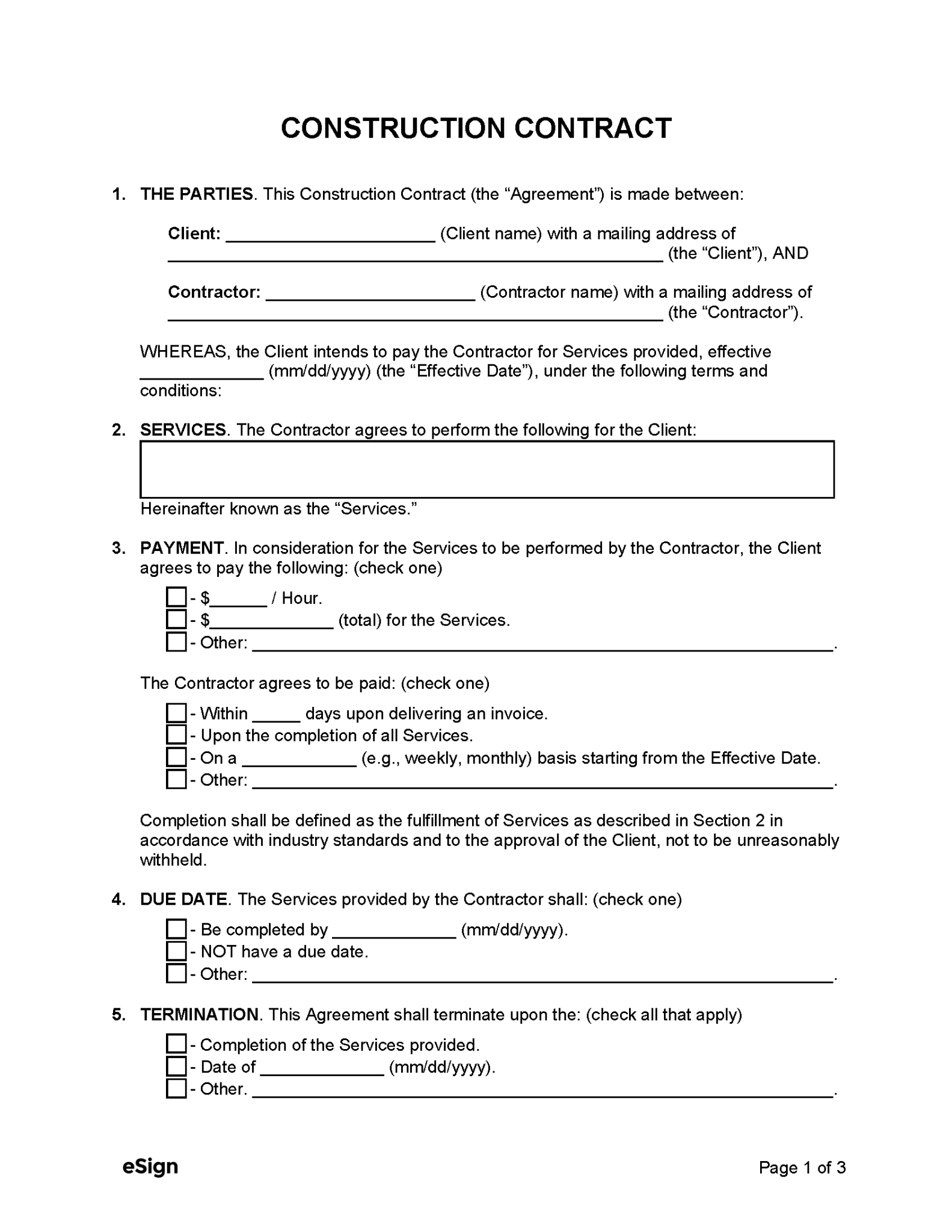 Free Construction Contract Template PDF Word