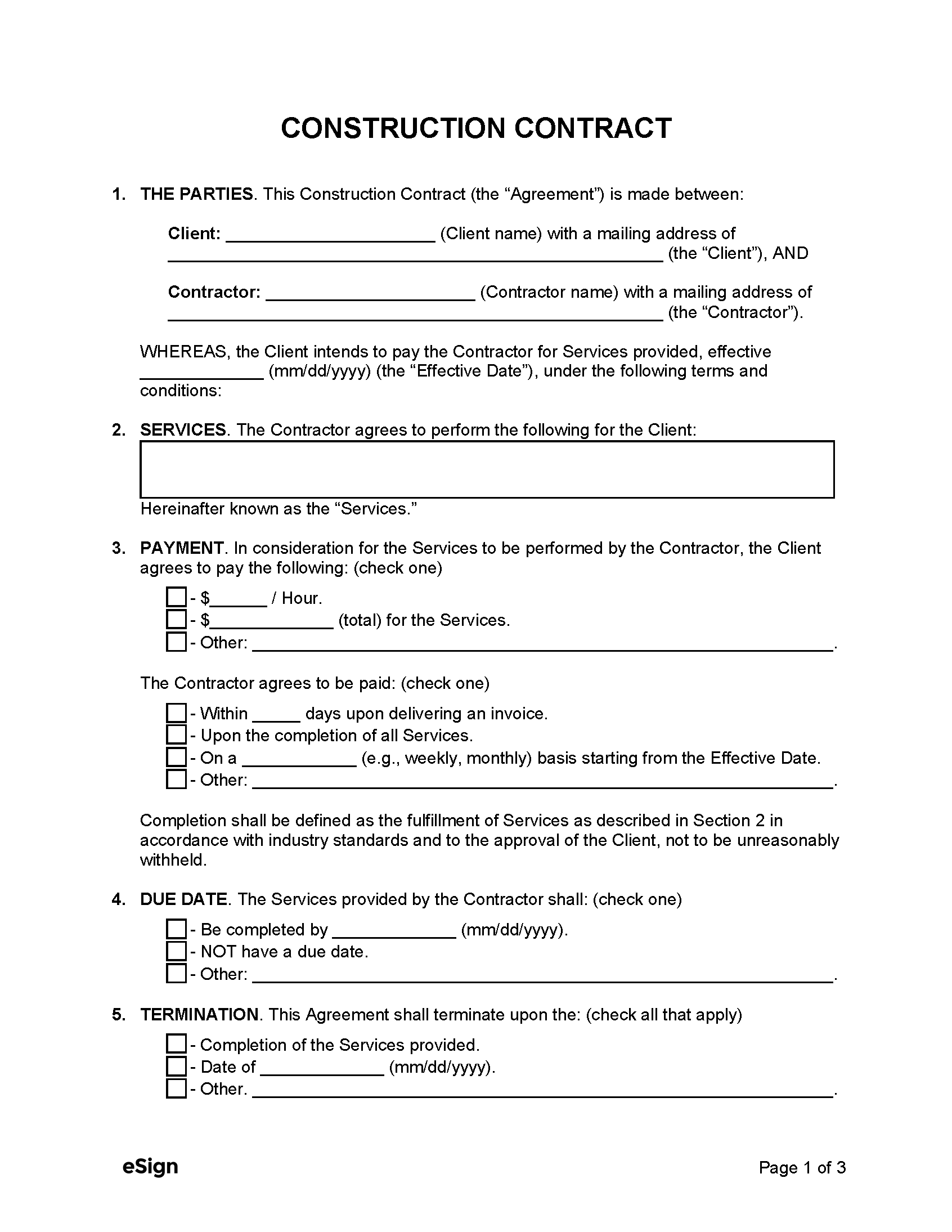 Free Construction Contract Template PDF Word