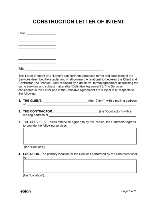 Free Contractor Letter Of Intent Template PDF Word