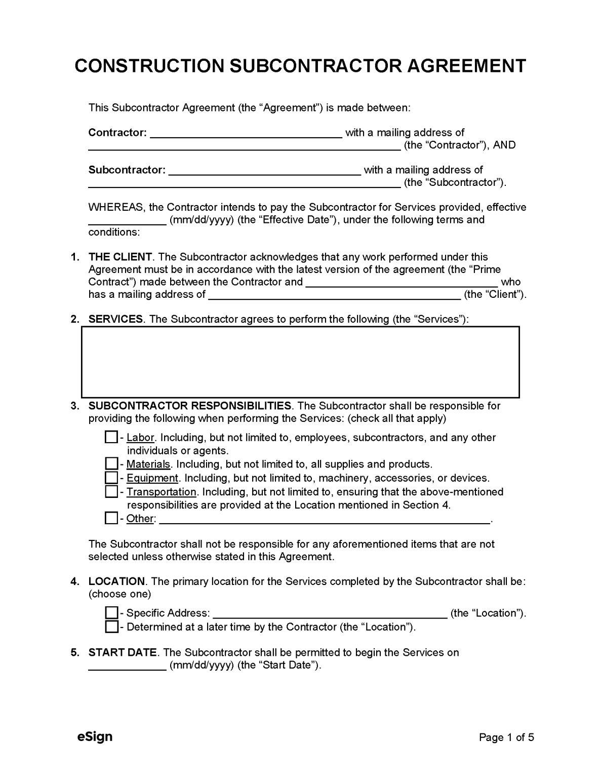 Free Construction Subcontractor Agreement Template | PDF | Word