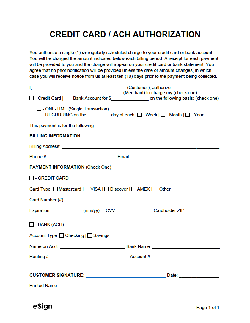 Free Credit Card / ACH Payment Authorization Forms - PDF  Word With Regard To Credit Card Billing Authorization Form Template