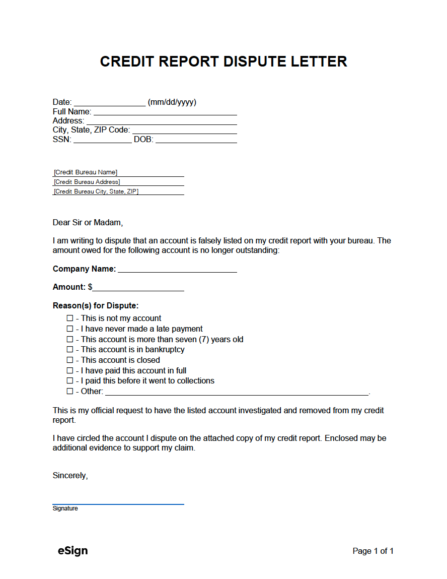 Free Credit Report Dispute Letter Template - PDF  Word