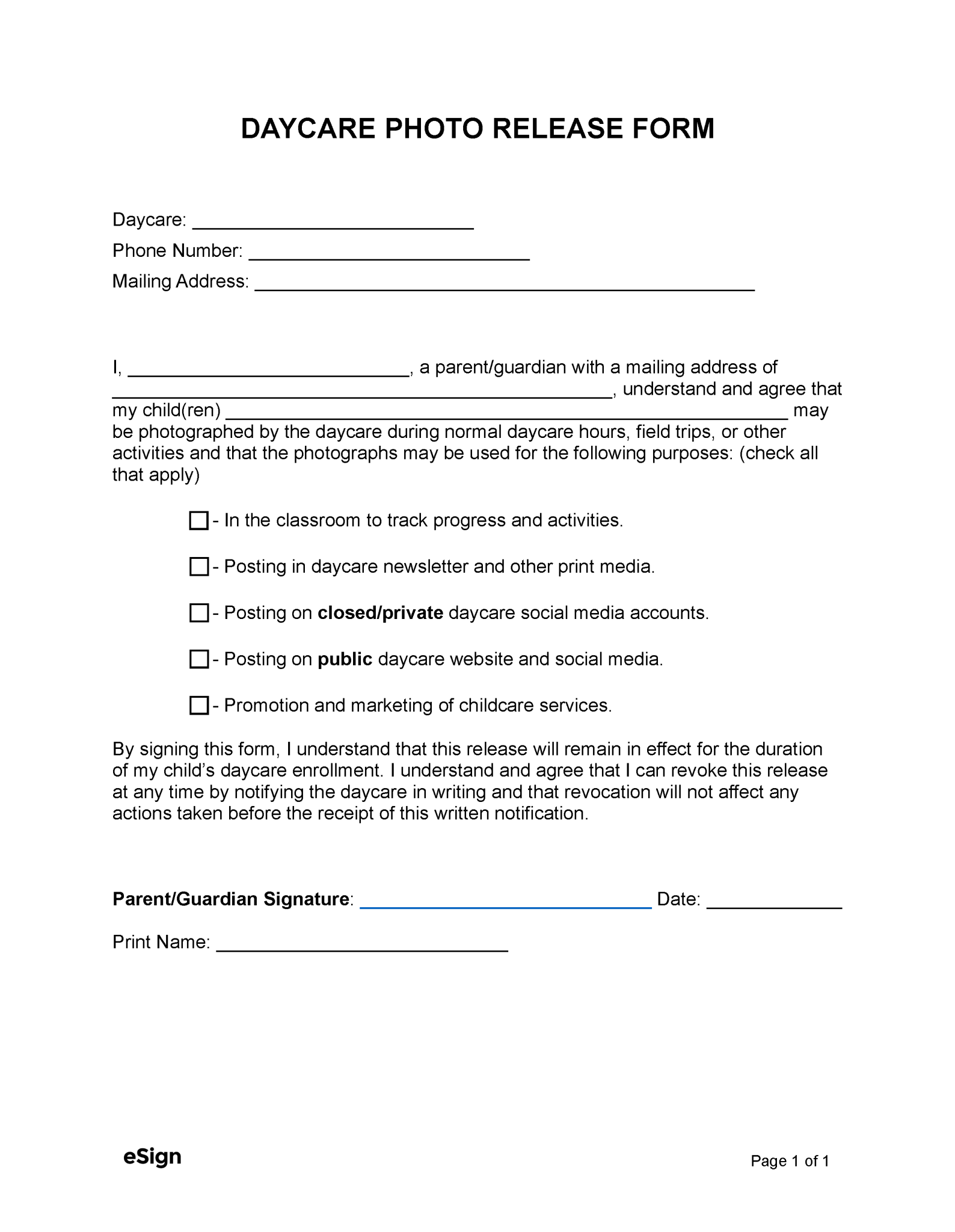 Free Daycare Photo Release Form Pdf Word 3791