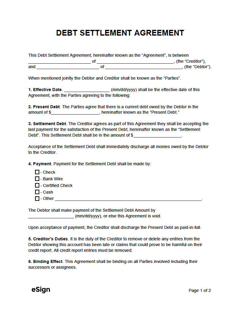 Free Debt Settlement Agreement Template