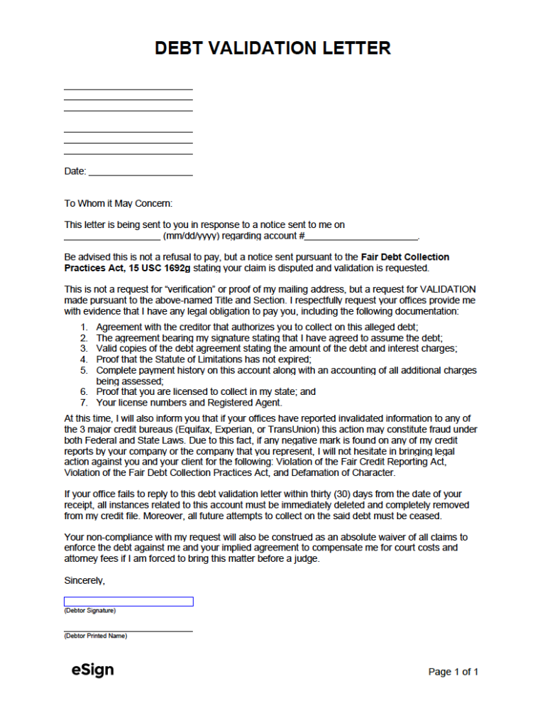 Free Debt Validation Letter Template PDF Word