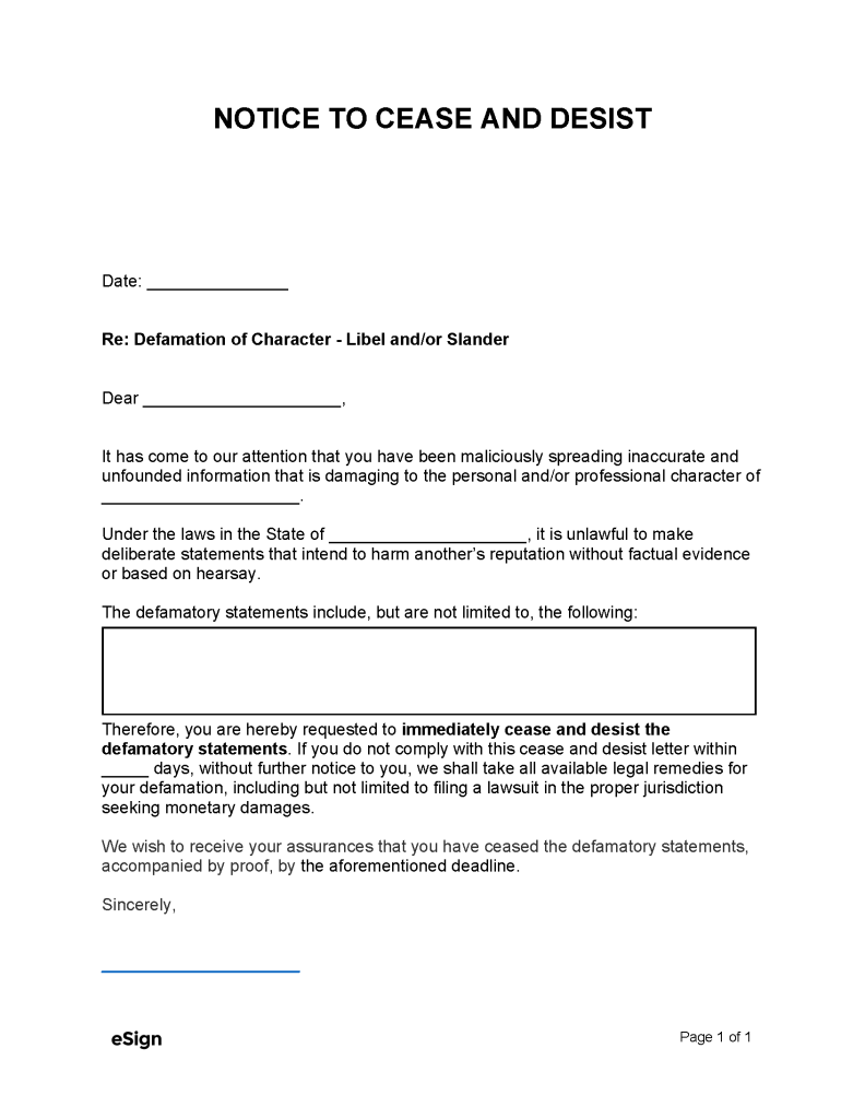 Free Defamation (Slander) Cease and Desist Letter Template PDF Word