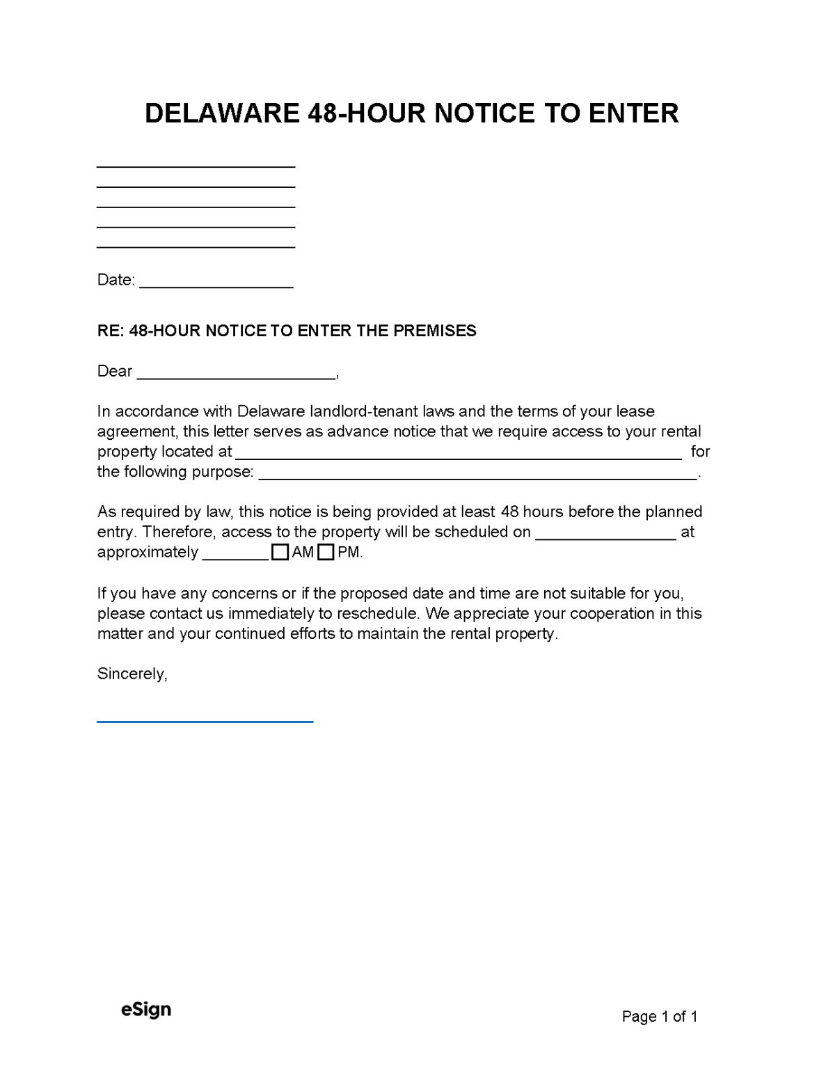 Free Delaware Landlord Notice to Enter 48Hour PDF Word