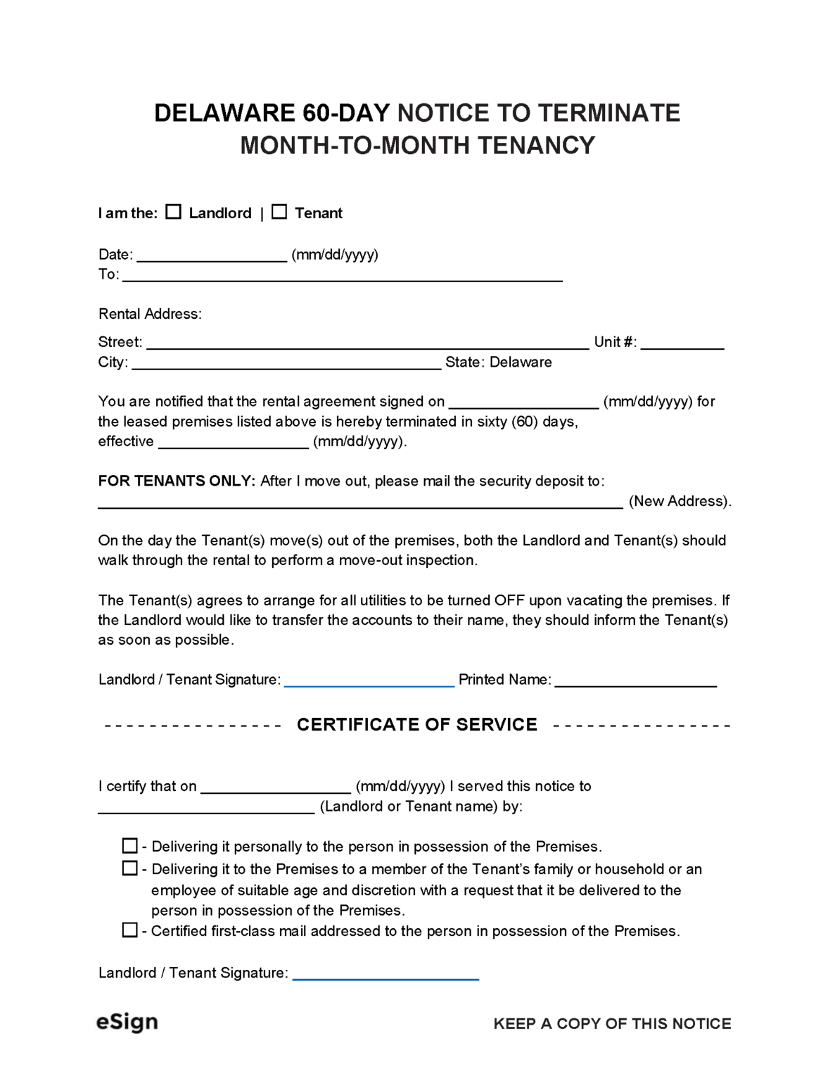 Free Delaware 60-Day Notice to Quit | Lease Termination Letter | PDF | Word