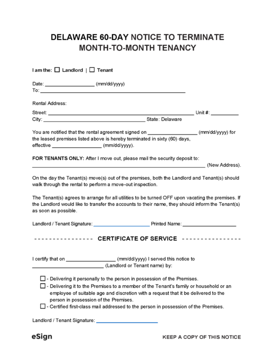 Free Delaware 60Day Notice to Quit Lease Termination Letter PDF Word