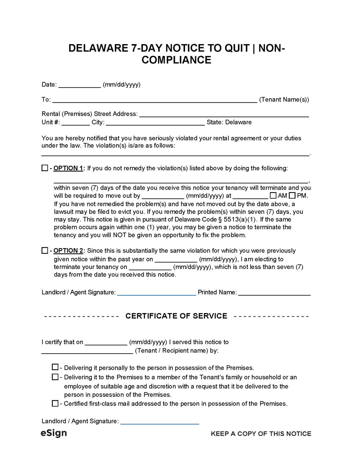 Free Delaware 7-Day Notice to Quit | Non-Compliance | PDF | Word