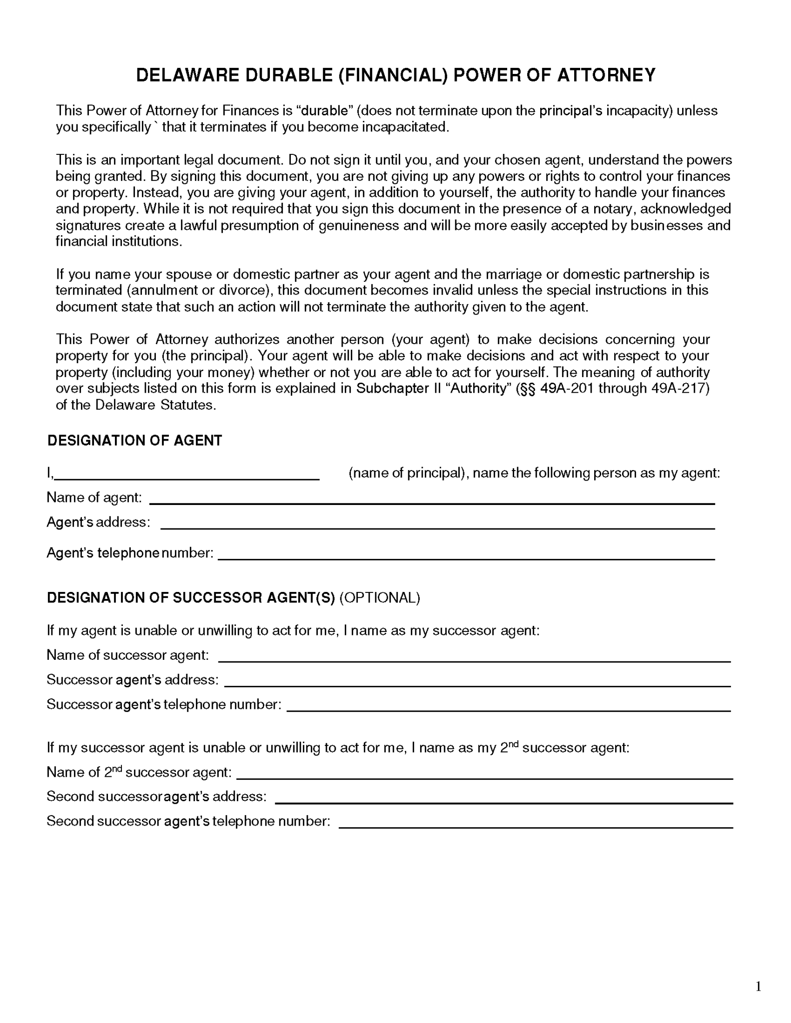 Free Delaware Durable Power Of Attorney Form Pdf