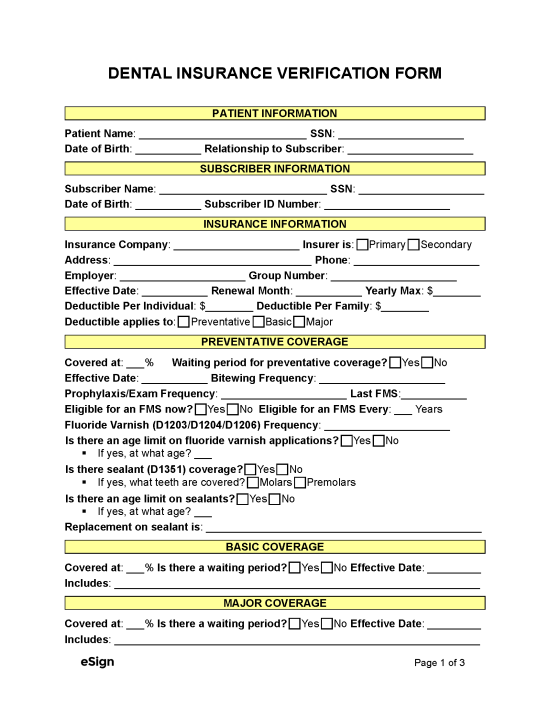 Free Dental Insurance Verification Form PDF Word